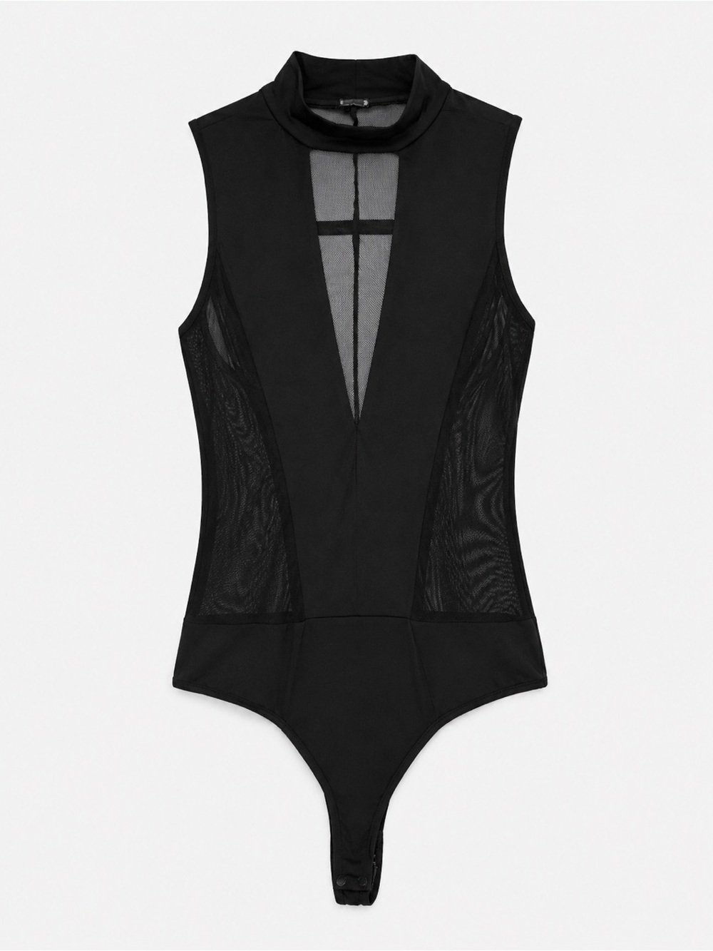 Black Mesh Mock Neck Thong Bodysuit